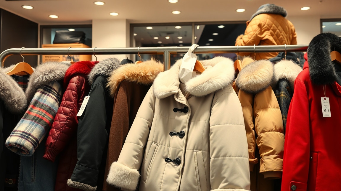Téli kabátok különböző stílusokban és színekben egy boltban.