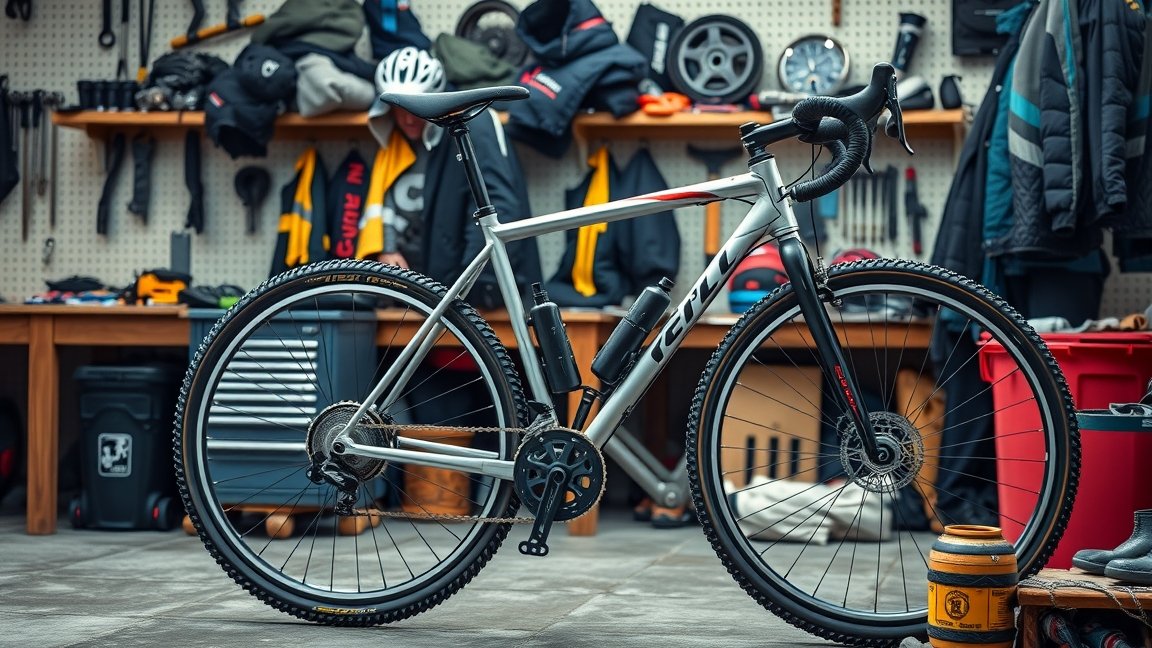 Téli bringa szervizelése, kerékpár szerviz környezetben.