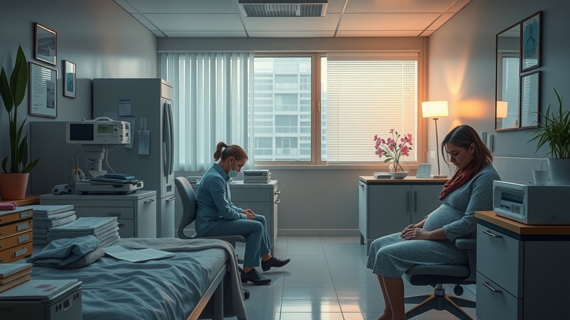 Két nő az orvosi rendelőben, terhesség megszakítás témájában.