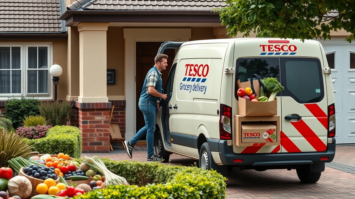 Tesco házhoz szállító autó gyümölcsökkel és zöldségekkel