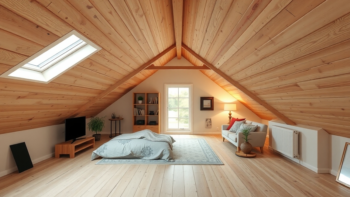 Modern tetőtéri szoba világos fa mennyezettel és szőnyeggel.