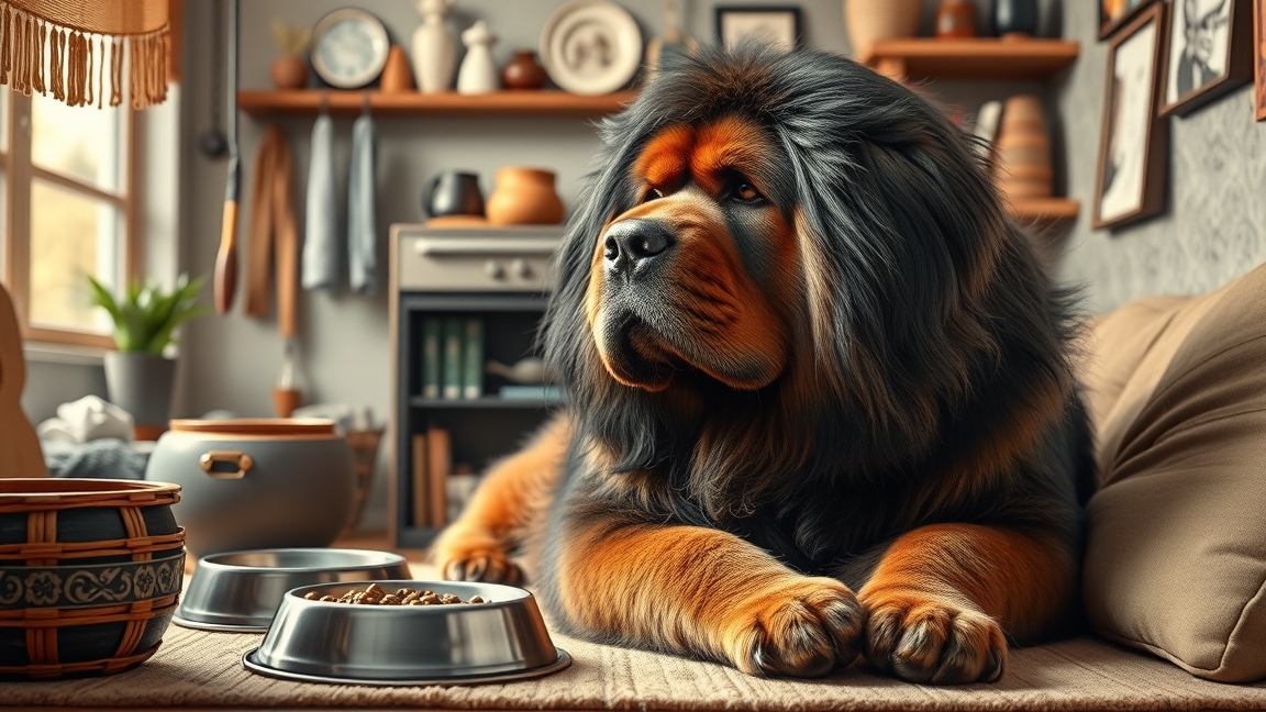 Tibeti masztiff otthon, ételtálakkal és barátságos környezetben.