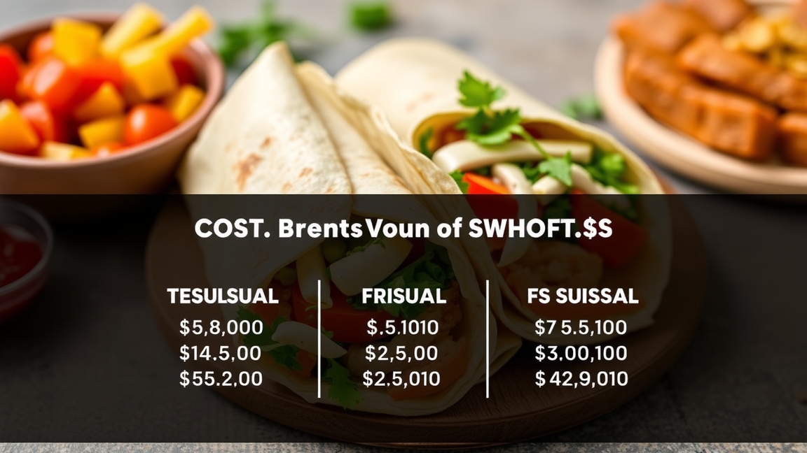 Tortilla wrap és zöldségek az asztalon, árak táblázatával.