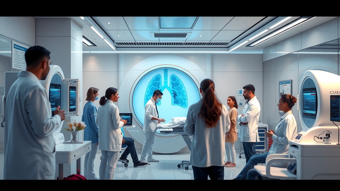 Orvosi csapat tüdőszűrés közben modern egészségügyi központban.