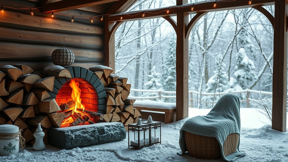 Kényelmes tűzrakóhely fából, hátterében havas erdő.