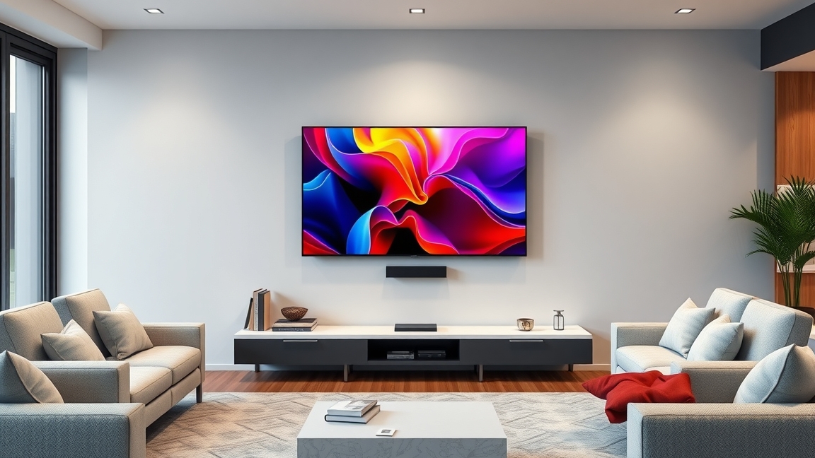 Modern 4K televízió egy stílusos nappaliban, színes háttérképpel.