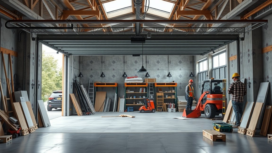 Modern garázs építkezés folyamatban 2025-ben