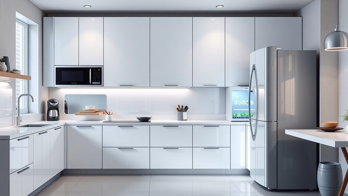 Modern konyha hűtőszekrénnyel és beépített készülékekkel