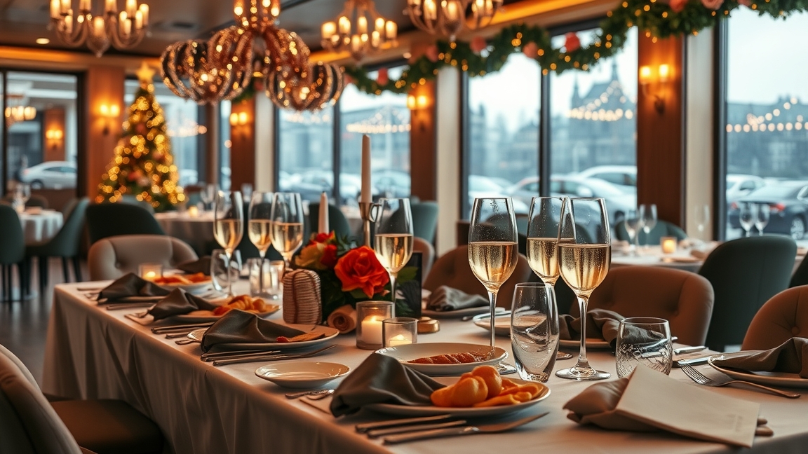 Elegáns újévi vacsora beállítás, terített asztal pezsgővel és virágokkal.