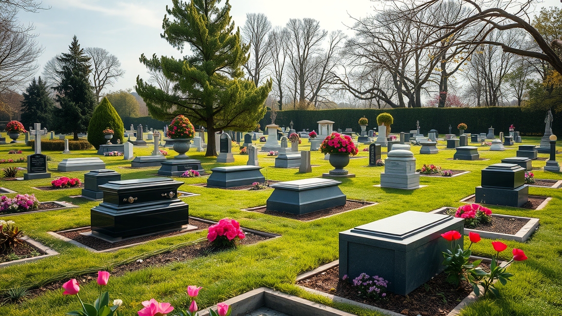 Csendes temető virágokkal és sírkövekkel Magyarországon.