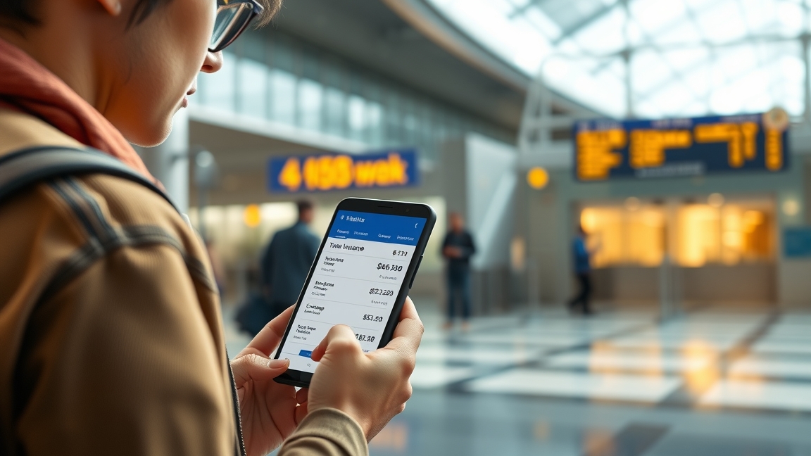 Férfi utazás közben képernyőn utasbiztosítást ellenőriz.