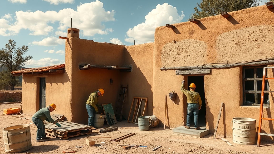 Vályogház felújítása, mesterek tartanak karbantartási munkákat