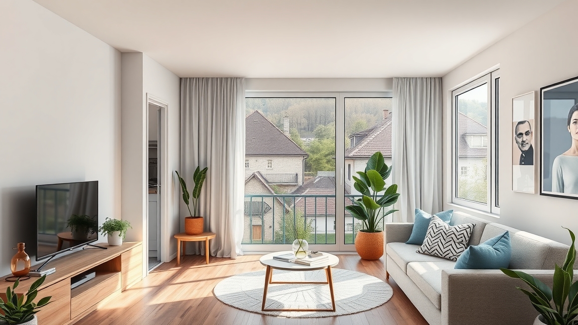 Modern vidéki albérlet nappali 2025-ben, szép kilátással.