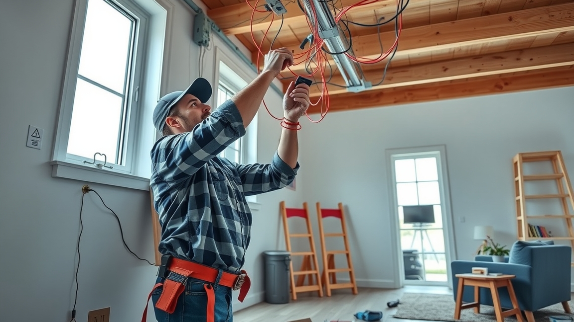 Villanyszerelő dolgozik új építésű házban a villanyszerelés során.