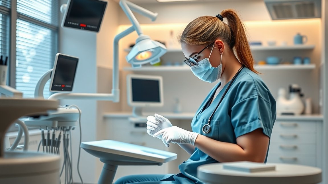 Fogorvosi asszisztens dolgozik a rendelőben