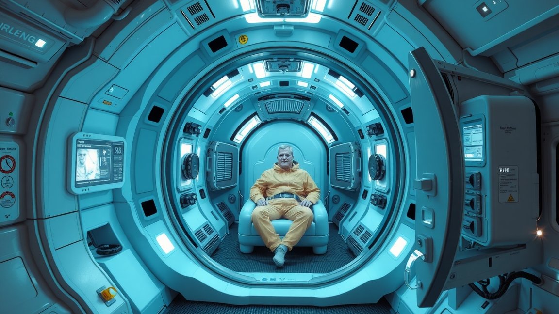 Asztronauto hibernálás közben egy futurisztikus környezetben.