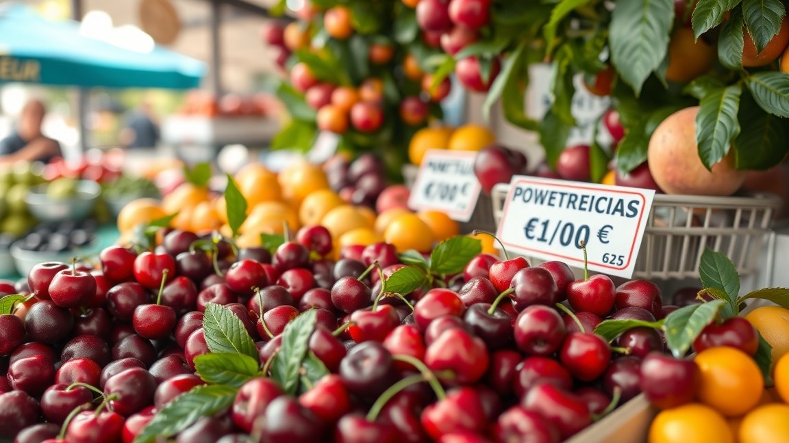 Friss meggy és gyümölcsök a piacon, árat jelző táblával.