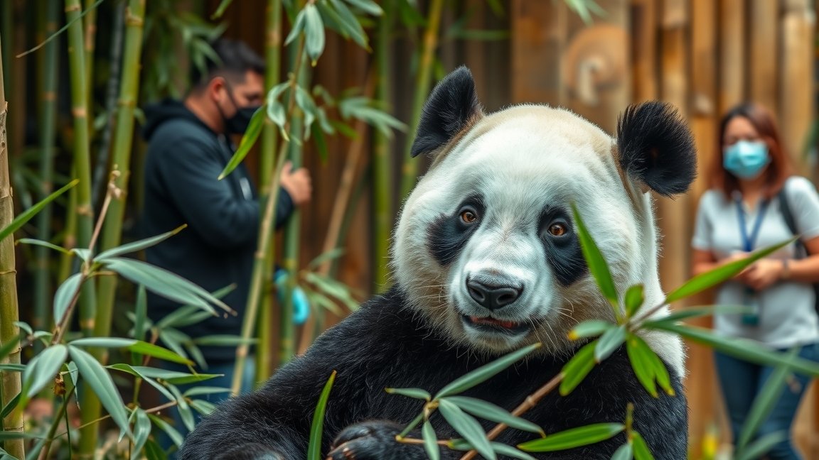 Egy panda a bambusz között, háttérben látogatók.
