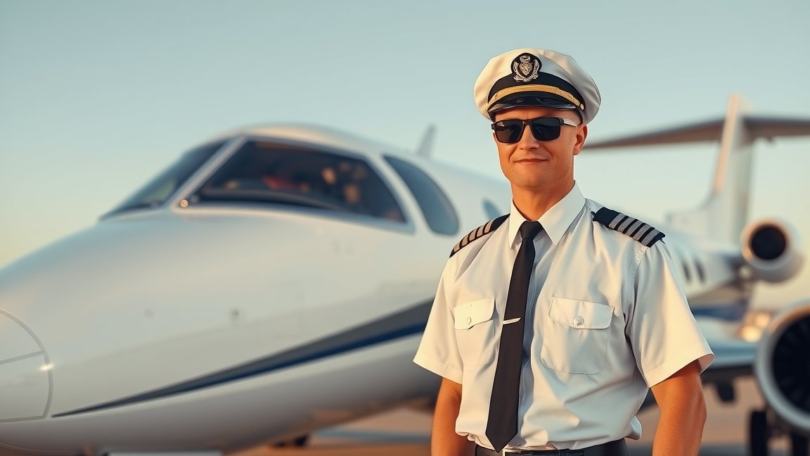 Pilóta repülőgép előtt, napszemüvegben és egyenruhában.