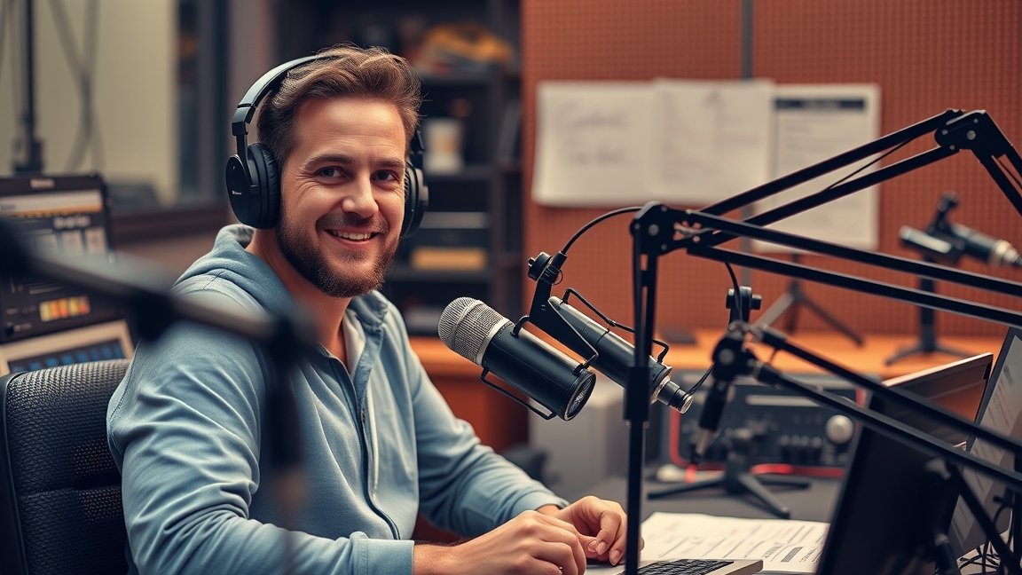 Rádiós műsorvezető stúdióban, boldogan, mikrofon előtt.