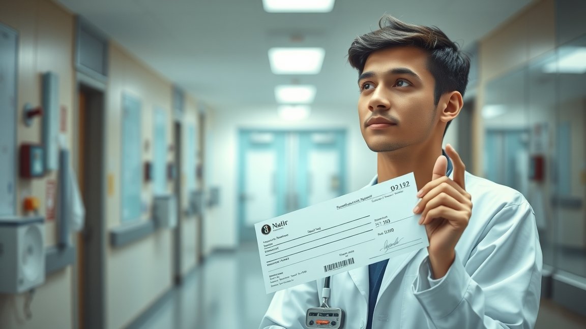 Rezidens orvos a kórház folyosóján, bérpapírral a kezében.