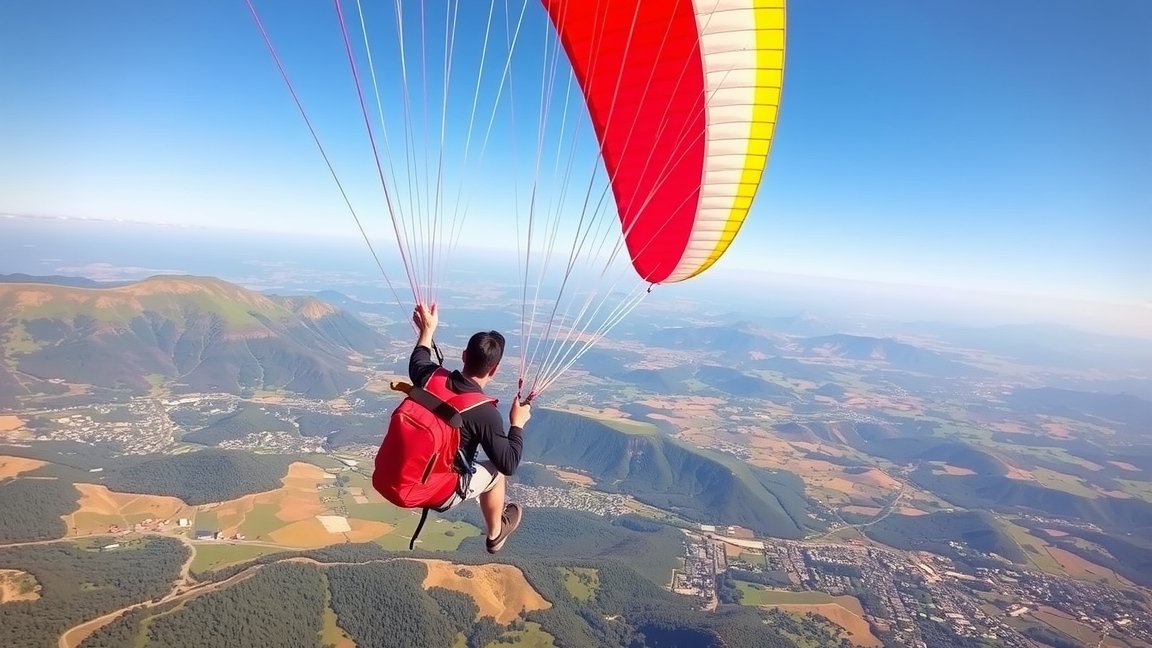 Siklóernyős repülés festői tájon, színes ernyővel.