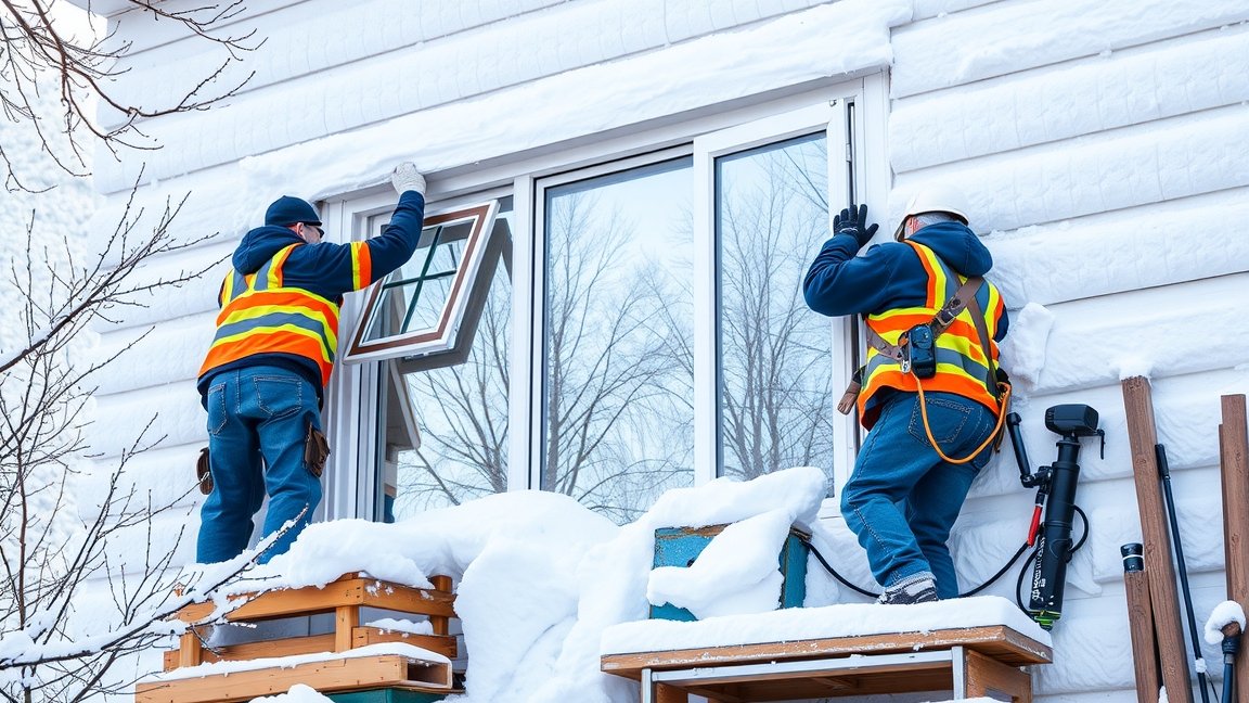 Téli ablakcsere munkálatai, ablakot szerelnek be hóban.