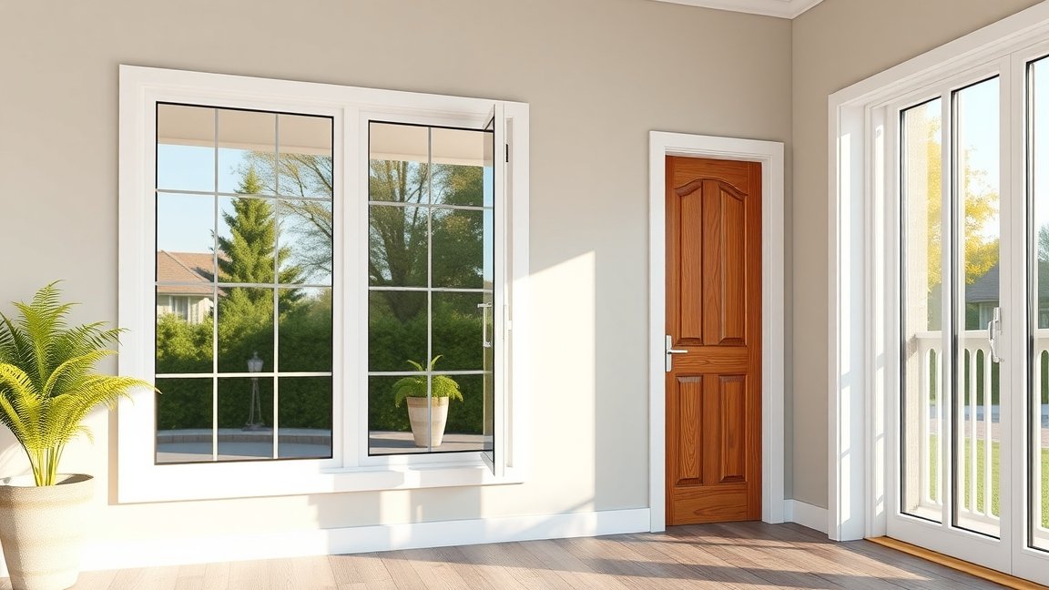 Modern ajtó és ablakok egy világos nappaliban