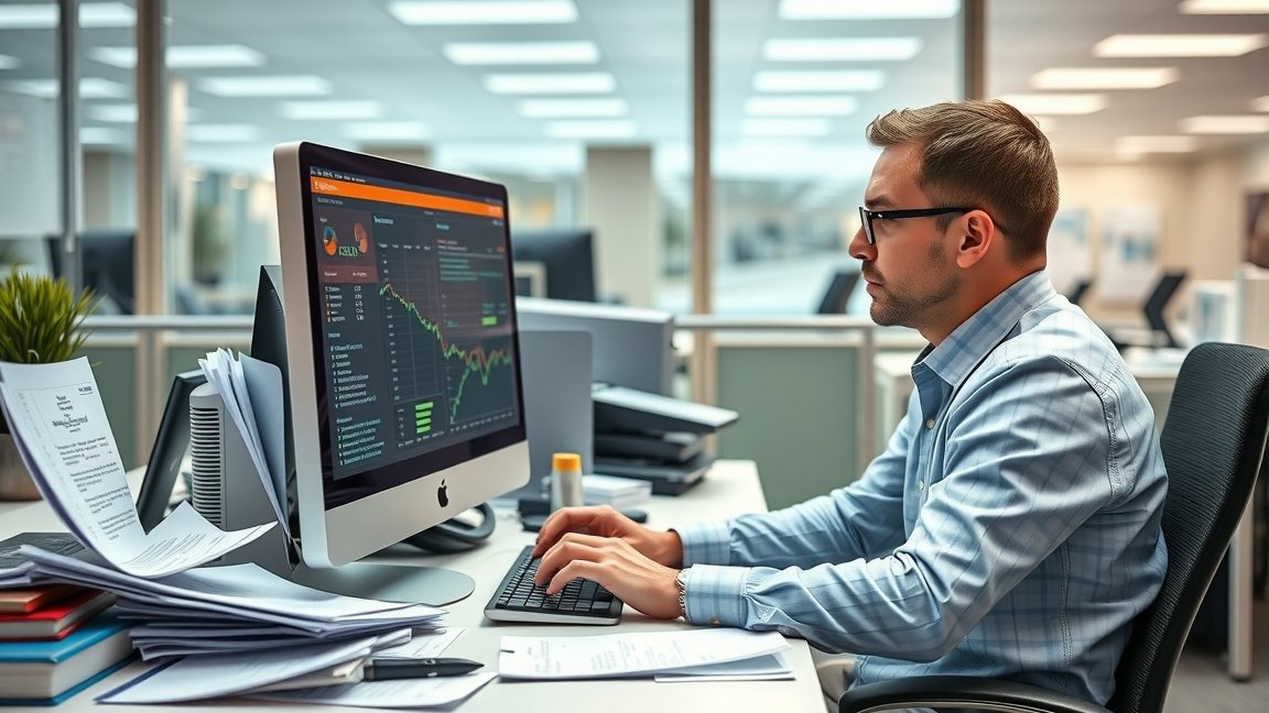 Adatrögzítő munkát végző férfi az irodában.