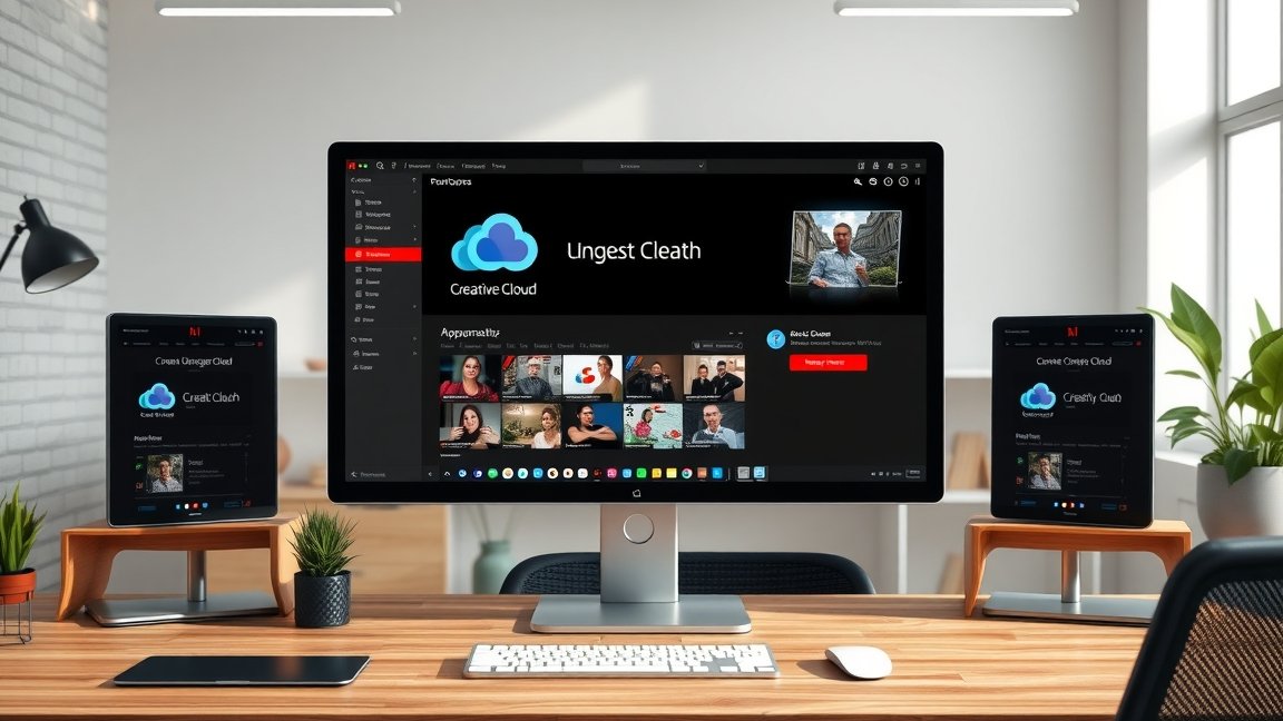 Adobe Creative Cloud alkalmazás felületek számítógépen és táblagépen.
