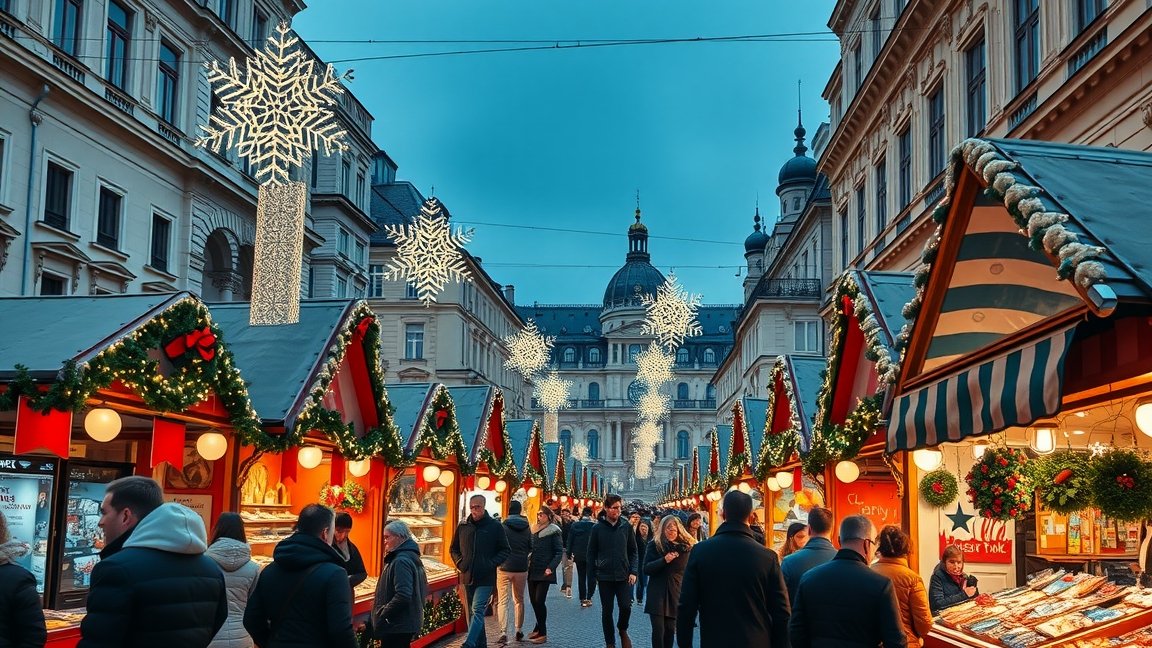 Bécsi adventi vásár látképe karácsonyi díszekkel.