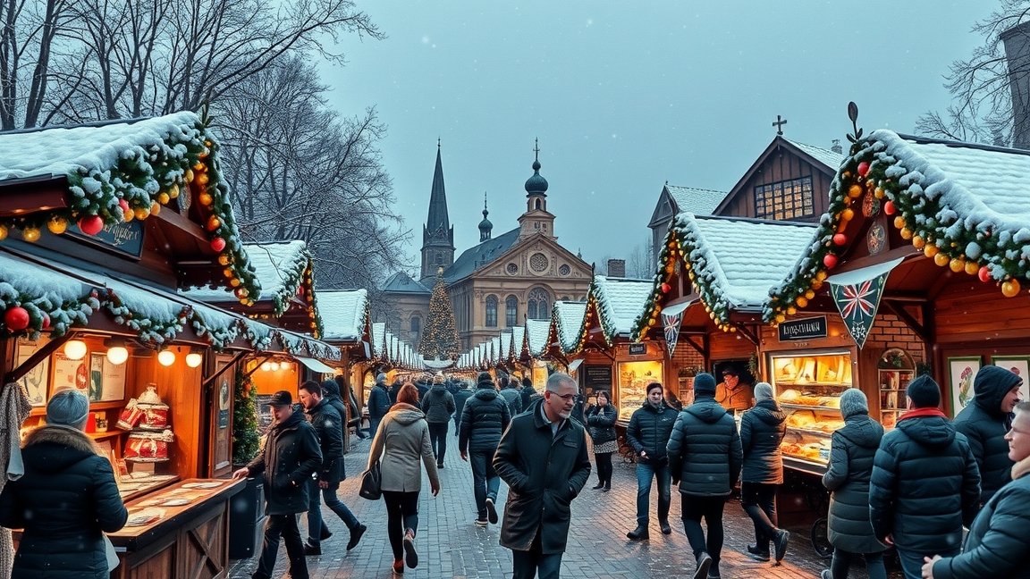 Adventi vásár karácsonyi hangulattal, hóesés közepette.