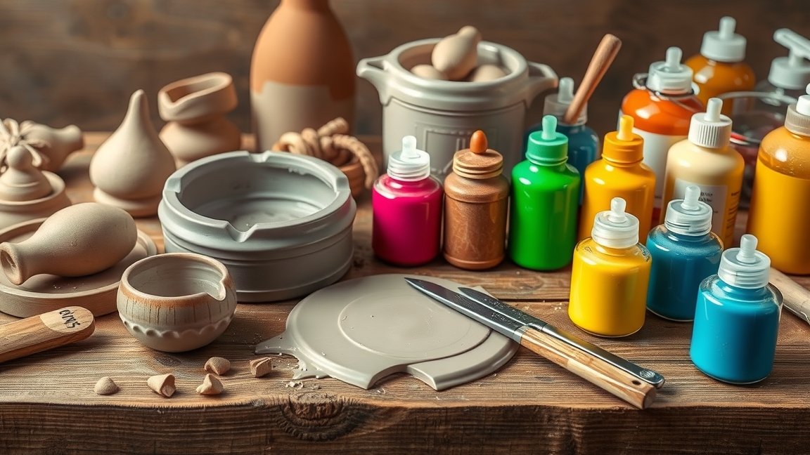 Agyag- és mázkészlet egy asztalon színes festékekkel