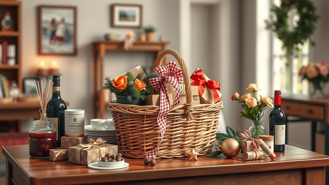 Gyönyörűen díszített ajándékcsomagok egy kosárban az otthoni dekoráció részeként.