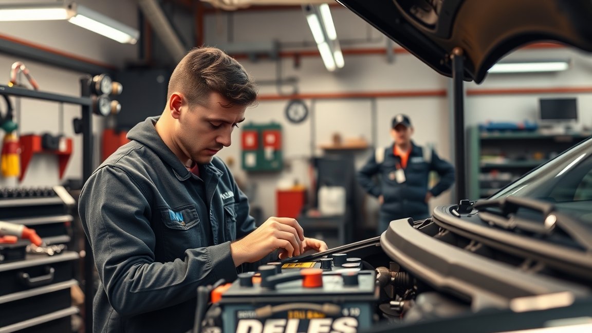 Autószerelő akkumulátor cserét végez egy szerelőműhelyben.