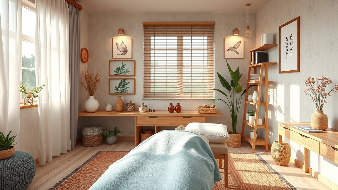 Akupunktúrás szoba tágas és nyugodt környezetben.