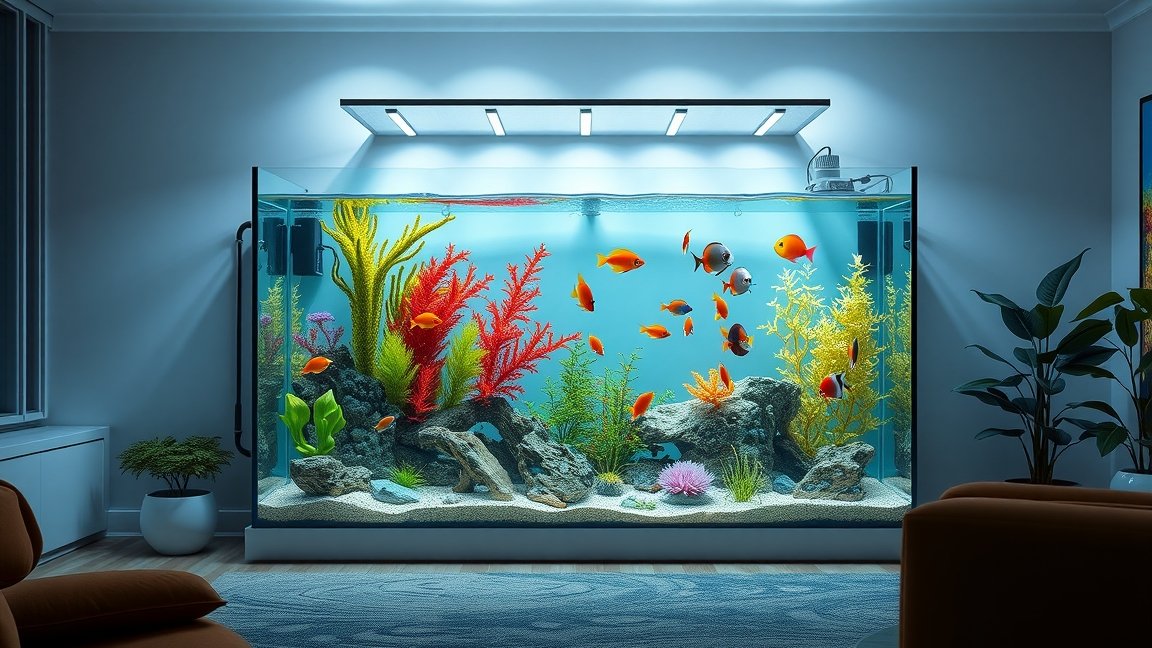 Színes akvárium különböző halakkal és növényekkel