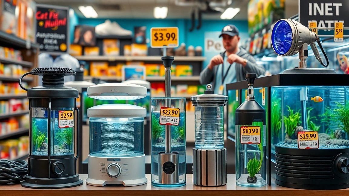 Akvárium fűtőberendezések különböző típusaival és áraival a boltban.
