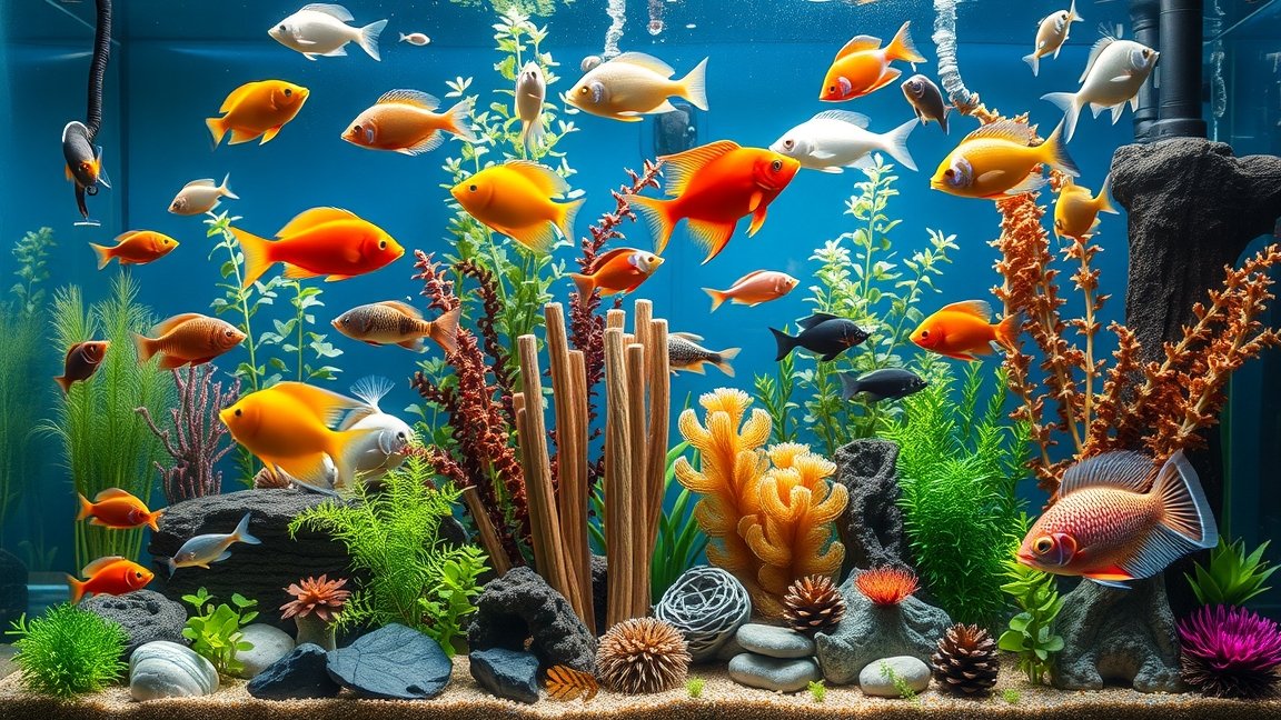 Színes akváriumi halak különböző növények között.