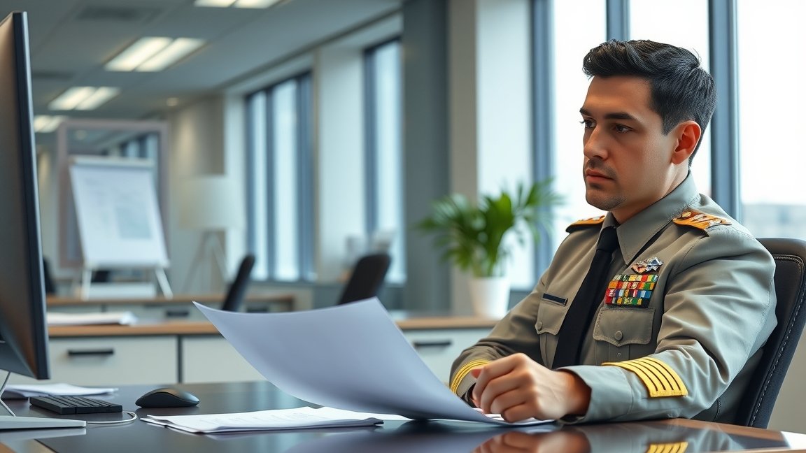 Alezredes az irodájában, papírokat nézve
