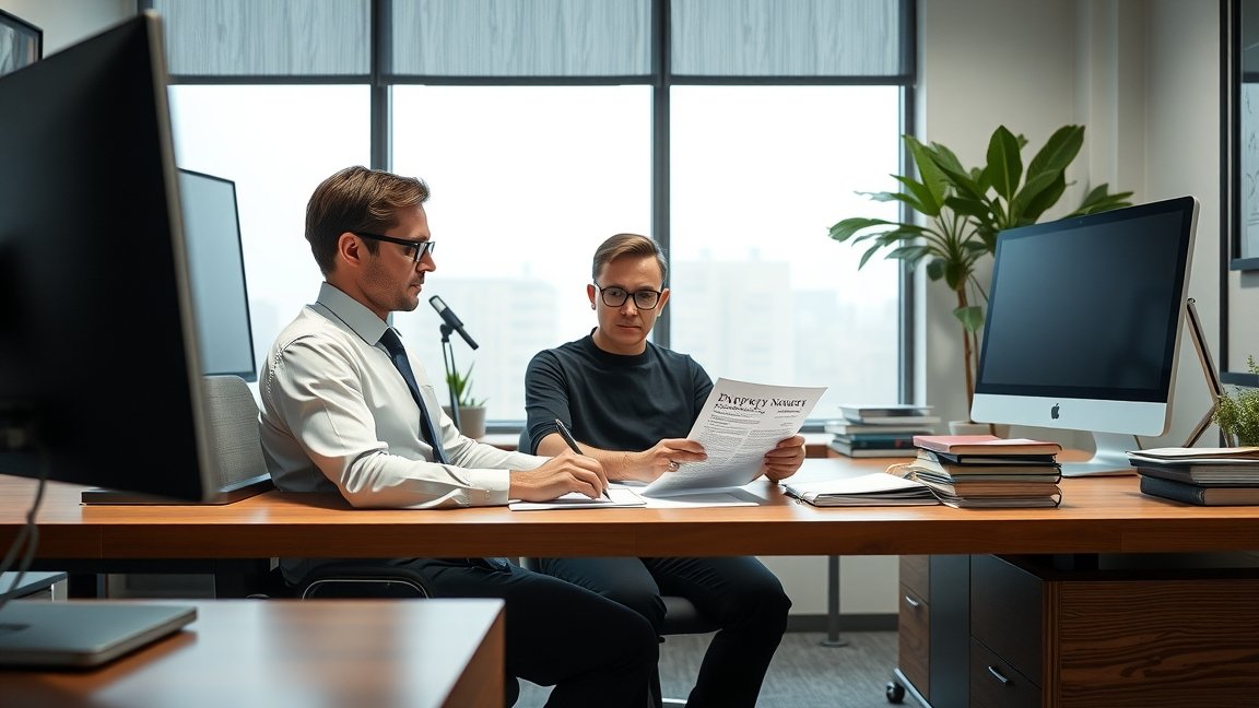 Két férfi beszélget egy irodai asztalnál, jogi dokumentumokat átbeszélve.