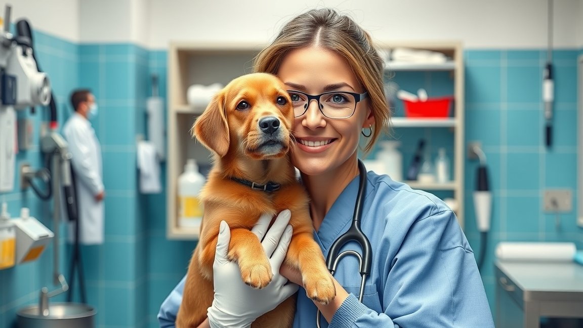 Állatorvosi asszisztens kutyával egy állatorvosi rendelőben.