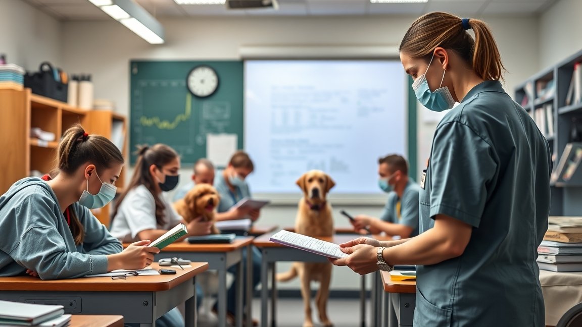 Állatorvosi asszisztens képzés osztályteremben kutyával