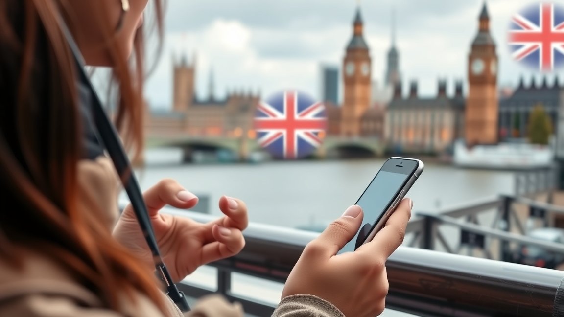 Nő telefonál Angliában, a Parlament háttérben