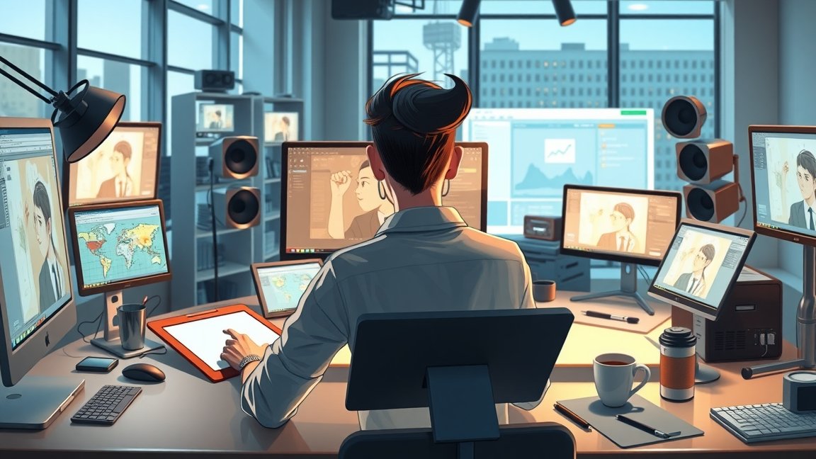 Animátor munkaterülete, grafikával és számítógépekkel dolgozik.