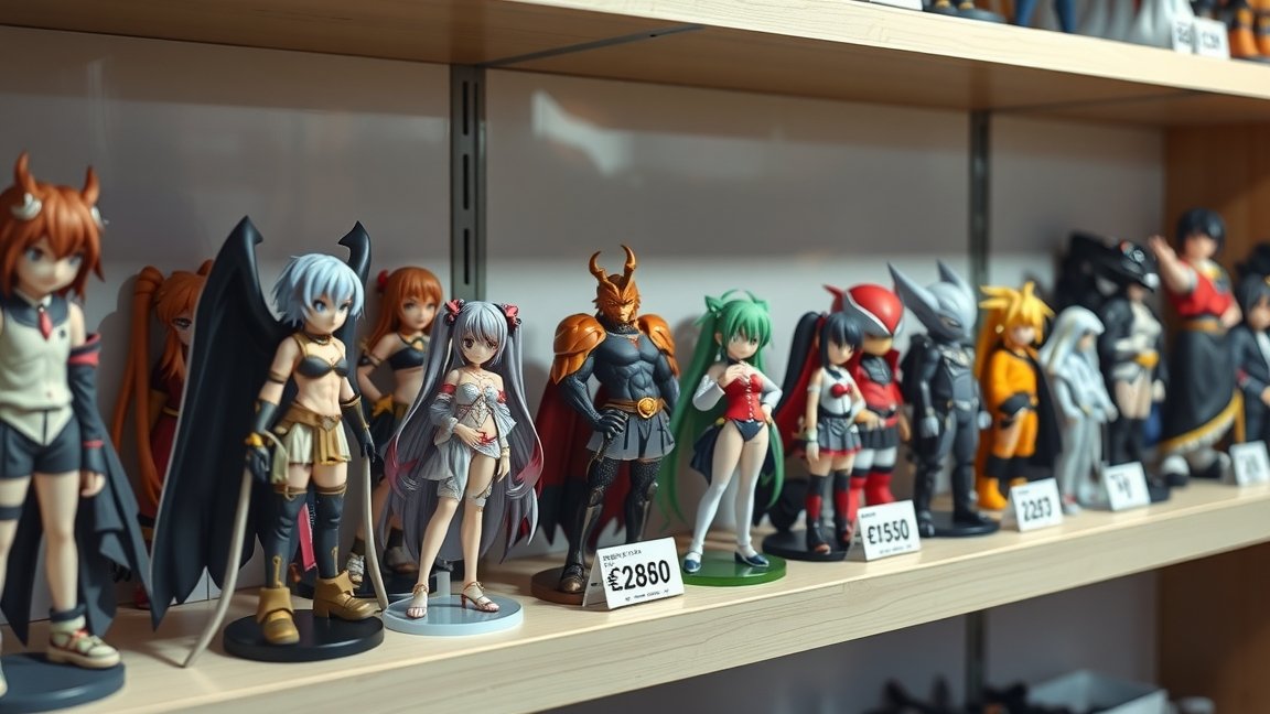 Anime figurák gyűjteménye különböző árakkal egy vitrinben.
