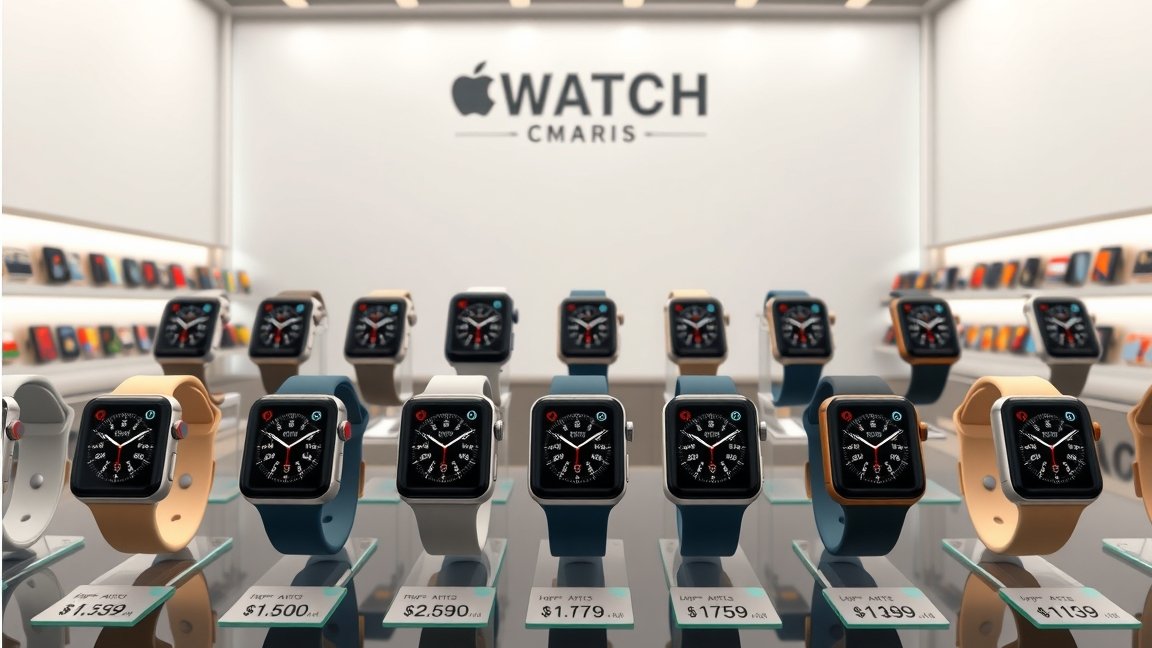 Különböző Apple Watch modellek kiállítva árakkal