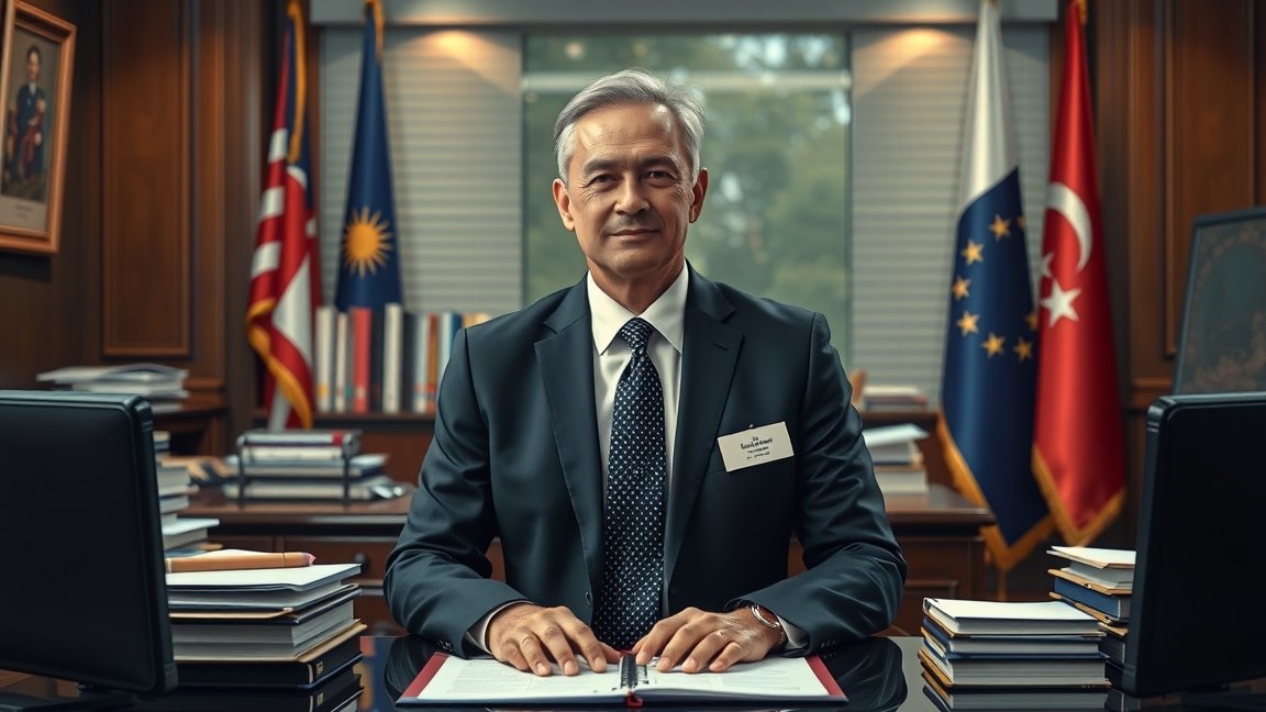 Attasé az irodájában, nemzetközi zászlók mögött ülve.