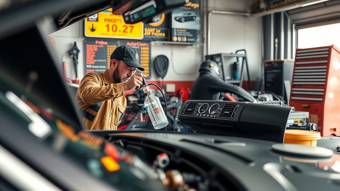 Autóklíma töltése szervizben, szakember munkája