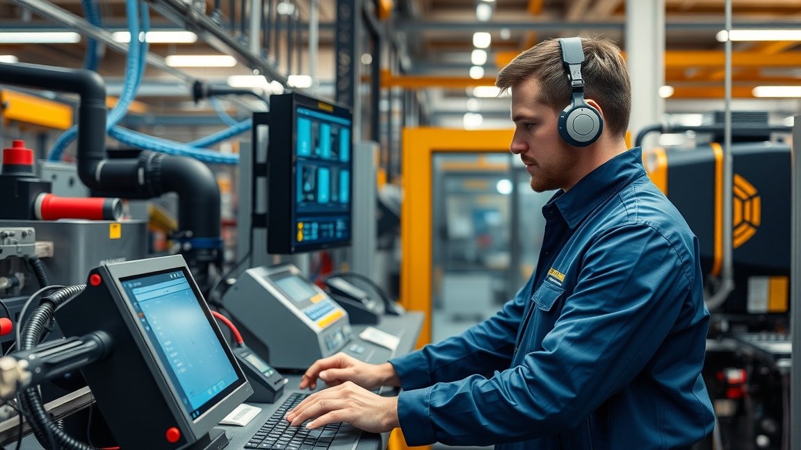 Automatikai technikus munkahelyi környezetben, monitor előtt ülve.